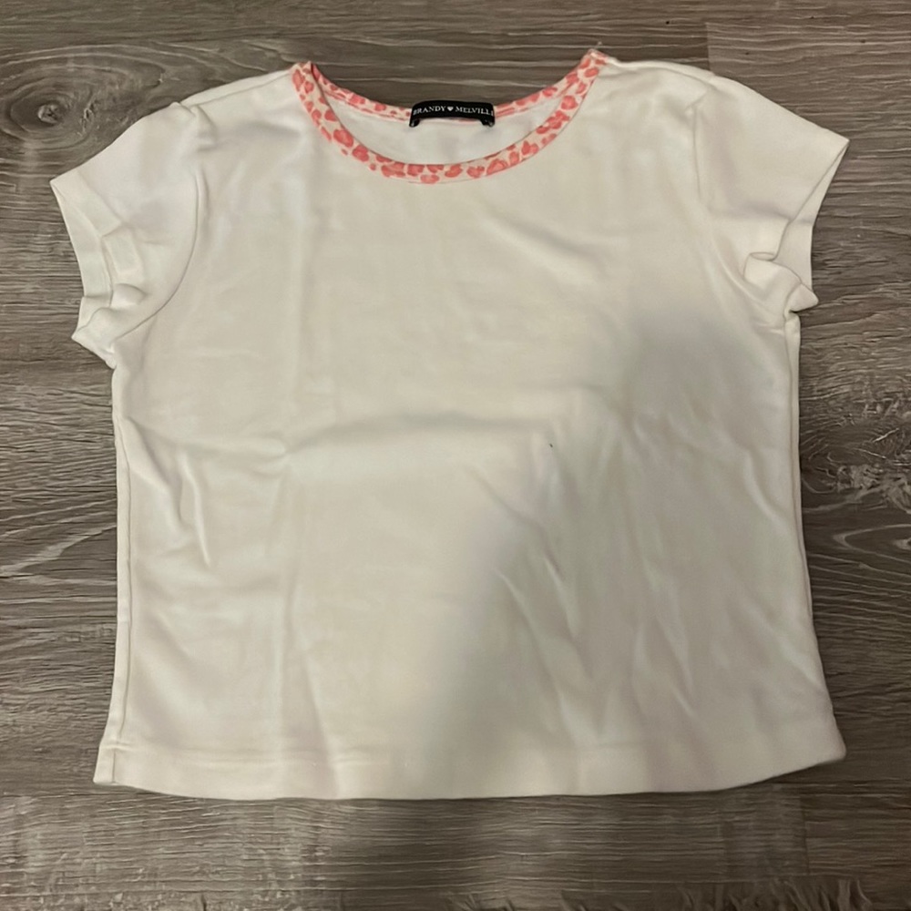 Brandy Melville baby-t white with pink leopard/ cheetah neckline